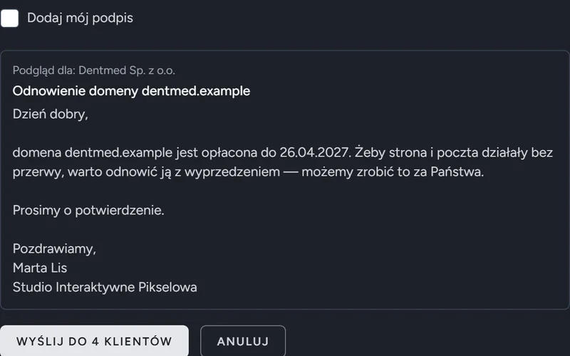 Podgląd wiadomości o odnowieniu domeny z domeną i datą klienta wstawionymi w szablon