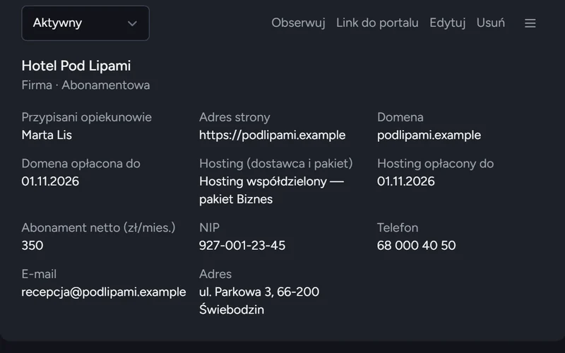 Karta klienta w CoreBase: adres strony, domena i hosting z datą opłacenia, abonament