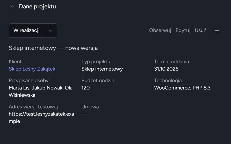 Karta projektu: typ projektu, termin oddania, budżet godzin, technologia, adres wersji testowej
