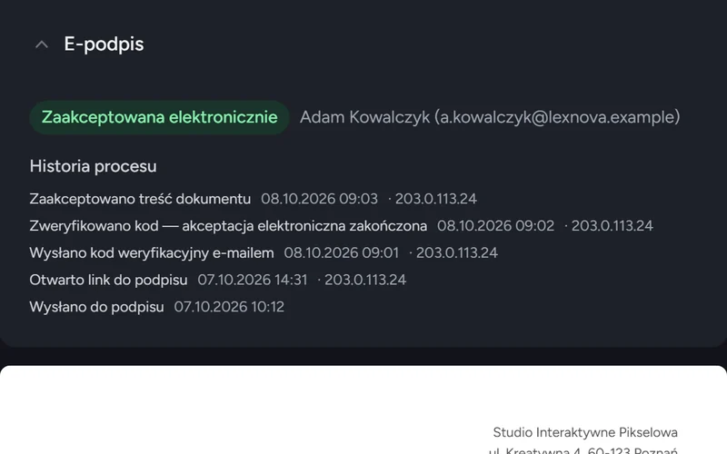 Umowa zaakceptowana elektronicznie i historia procesu podpisu