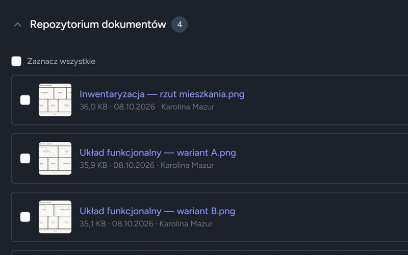 Repozytorium dokumentów projektu z miniaturami rzutów