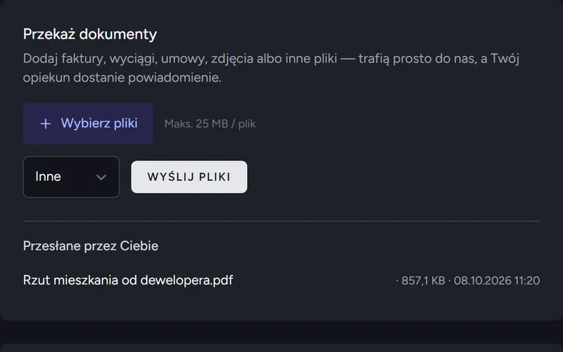 Portal klienta: przesyłanie plików i lista przesłanych dokumentów