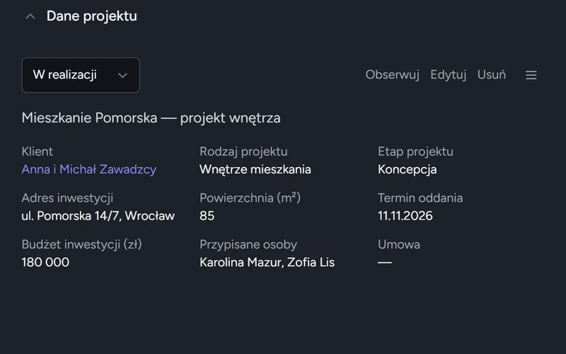 Karta projektu wnętrza: rodzaj, adres inwestycji, powierzchnia, etap, budżet, termin oddania