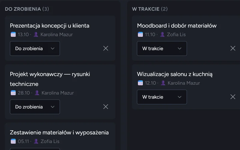Tablica zadań projektu w kolumnach Do zrobienia i W trakcie