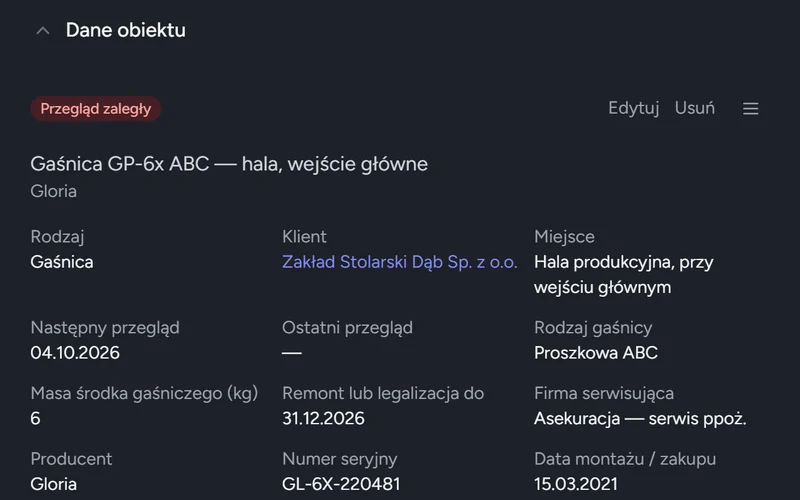 Karta gaśnicy: rodzaj, masa środka gaśniczego, miejsce, przegląd, remont lub legalizacja