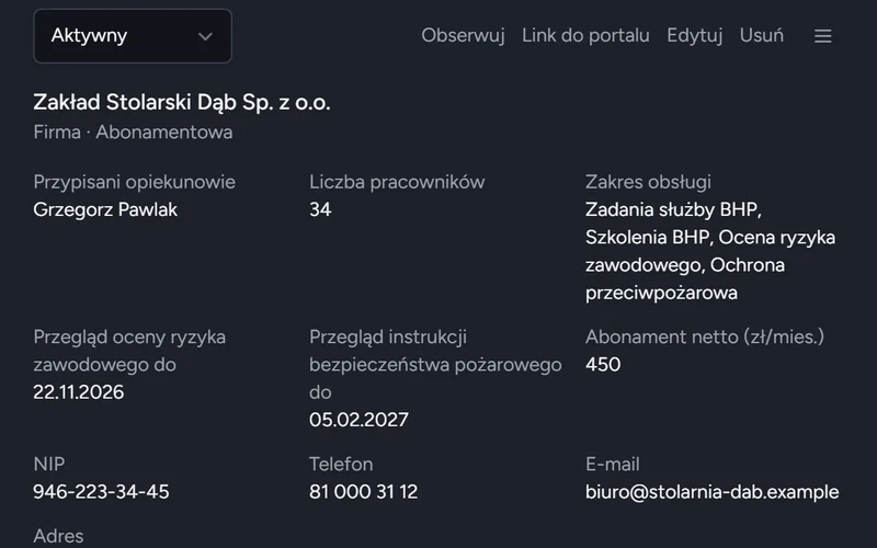 Karta klienta: liczba pracowników, zakres obsługi, przegląd oceny ryzyka i instrukcji ppoż.