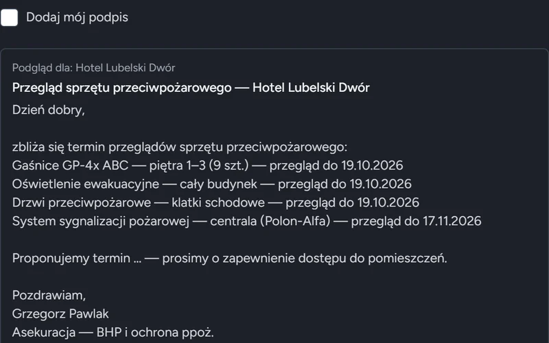 Podgląd wiadomości z listą sprzętu ppoż. klienta i terminami przeglądów