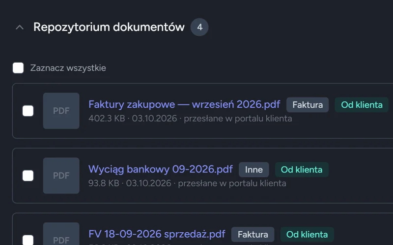 Repozytorium dokumentów klienta z plikami przesłanymi w portalu, oznaczonymi „Od klienta”