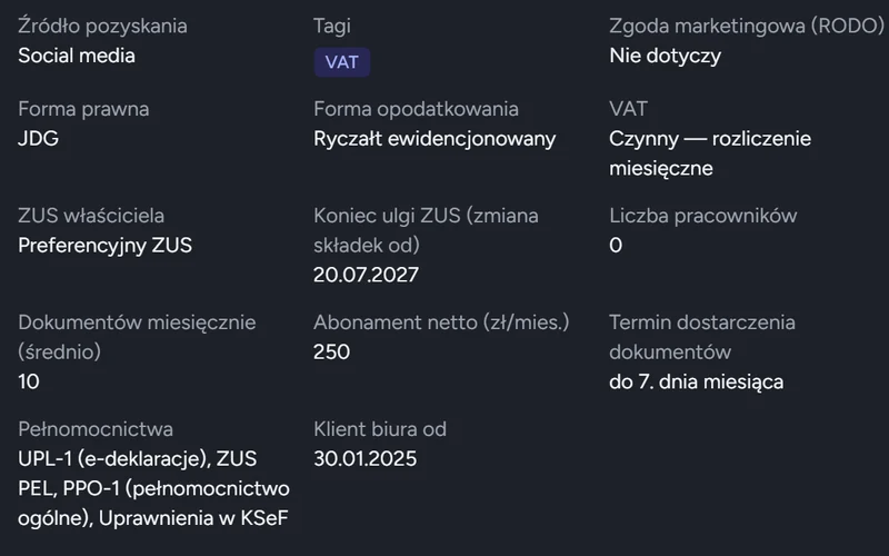 Karta klienta w CoreBase: forma prawna i opodatkowania, VAT, ZUS, abonament, pełnomocnictwa