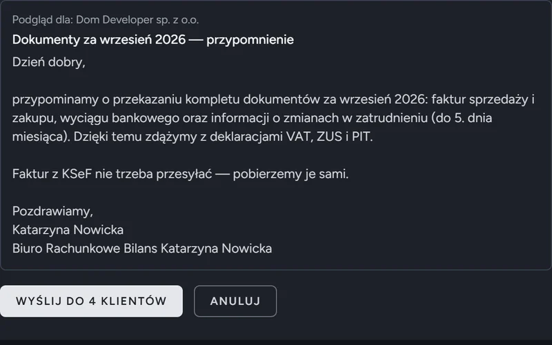 Podgląd przypomnienia o dokumentach z danymi klienta wstawionymi w szablon