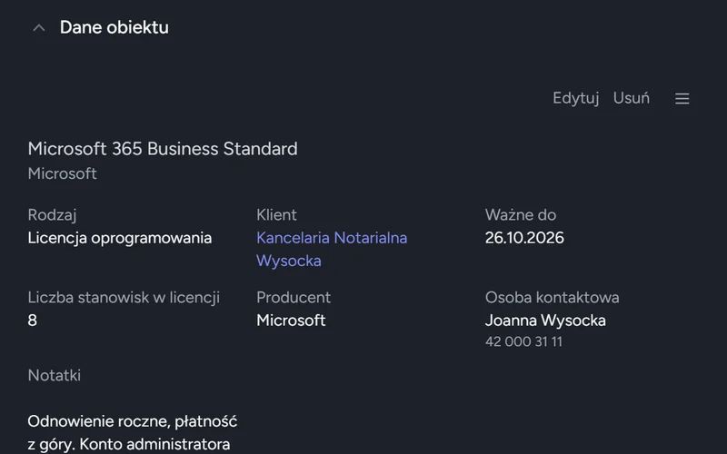 Karta licencji Microsoft 365: ważne do, liczba stanowisk, osoba kontaktowa