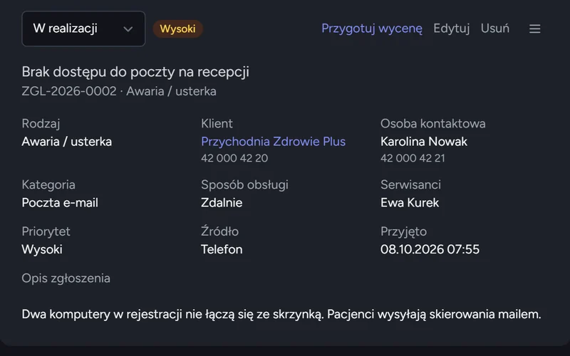 Karta zgłoszenia: kategoria, sposób obsługi, serwisant, priorytet, źródło