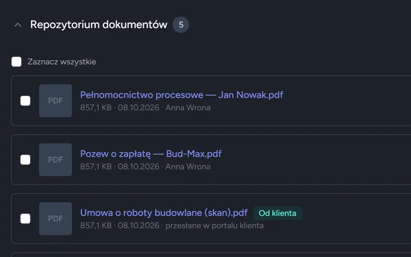 Repozytorium dokumentów klienta z plikami przesłanymi w portalu, oznaczonymi „Od klienta”