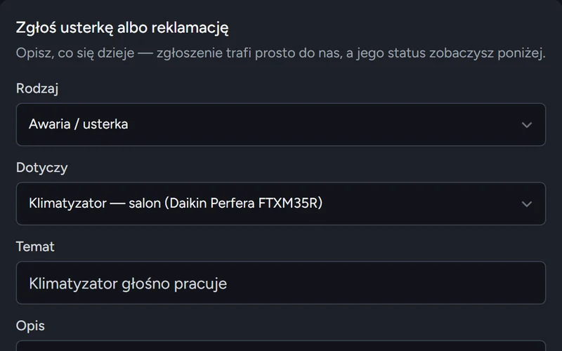 Formularz zgłoszenia usterki w portalu klienta z wyborem urządzenia