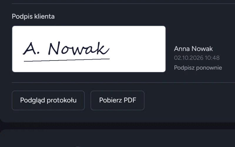 Podpis klienta złożony palcem na ekranie i przyciski protokołu PDF