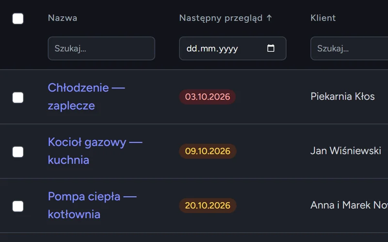 Lista urządzeń z zaległymi i zbliżającymi się przeglądami oznaczonymi kolorem