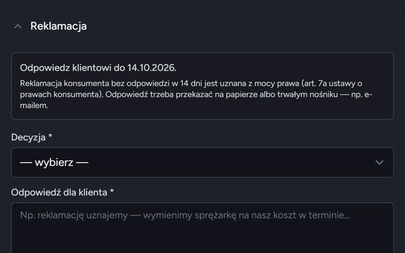 Reklamacja z terminem odpowiedzi do 14.10.2026