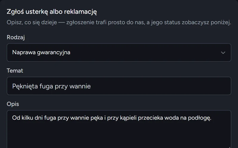 Formularz zgłoszenia naprawy gwarancyjnej w portalu klienta
