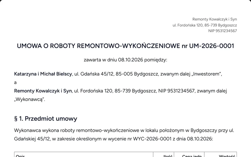 Umowa o roboty remontowo-wykończeniowe z danymi stron i pozycjami z wyceny