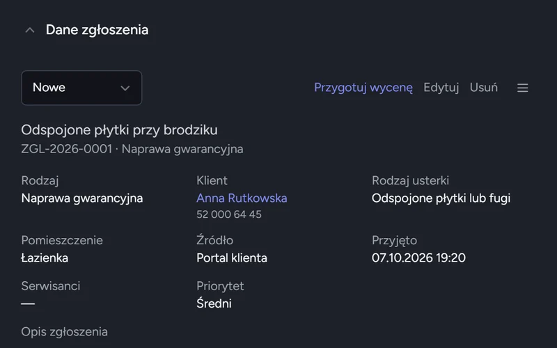 Karta zgłoszenia: naprawa gwarancyjna, rodzaj usterki, pomieszczenie, źródło portal klienta