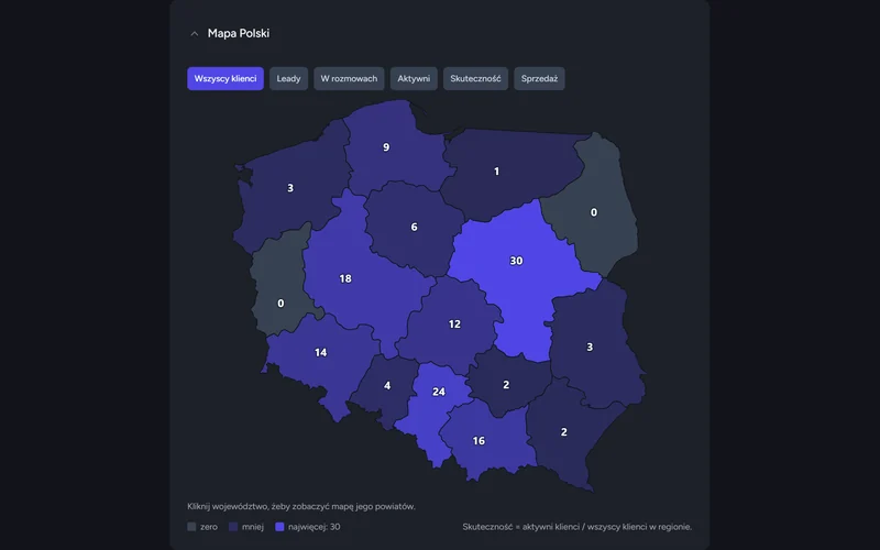 Mapa Polski w raporcie Regiony z liczbą klientów w każdym województwie