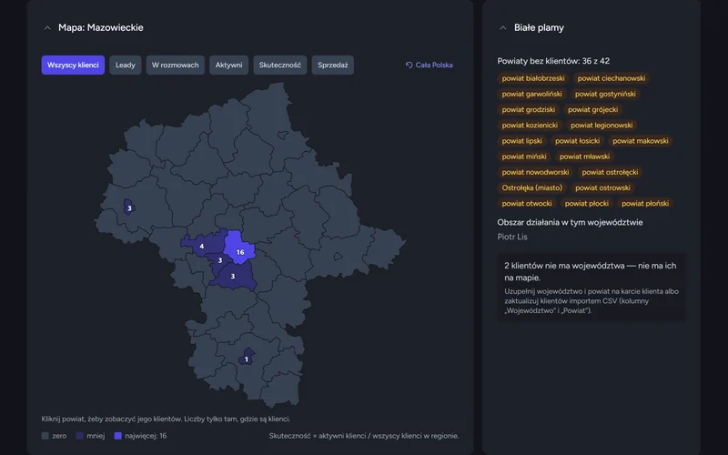 Mapa powiatów województwa mazowieckiego i lista powiatów bez klientów