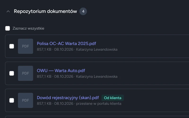 Repozytorium dokumentów klienta z dowodem rejestracyjnym przesłanym w portalu