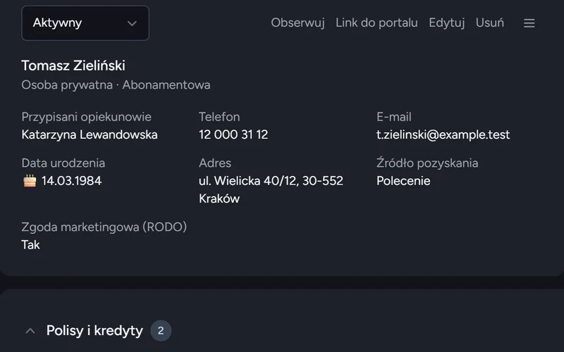 Karta klienta: telefon, e-mail, data urodzenia, źródło pozyskania, zgoda marketingowa