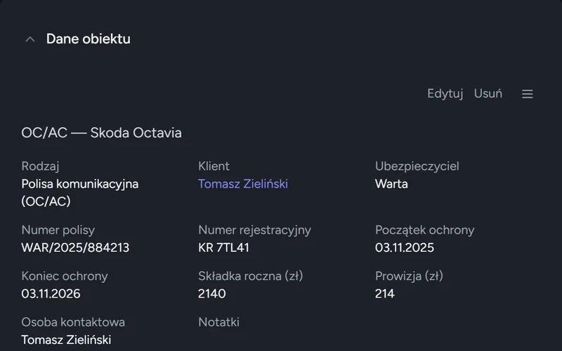 Karta polisy OC/AC: ubezpieczyciel, numer polisy, numer rejestracyjny, okres ochrony, składka, prowizja