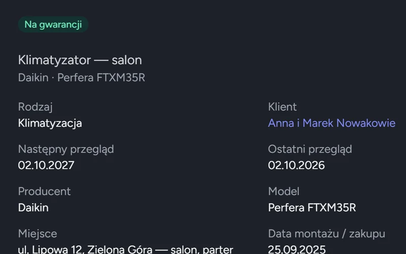 Karta klimatyzatora w CoreBase: gwarancja, model, następny i ostatni przegląd