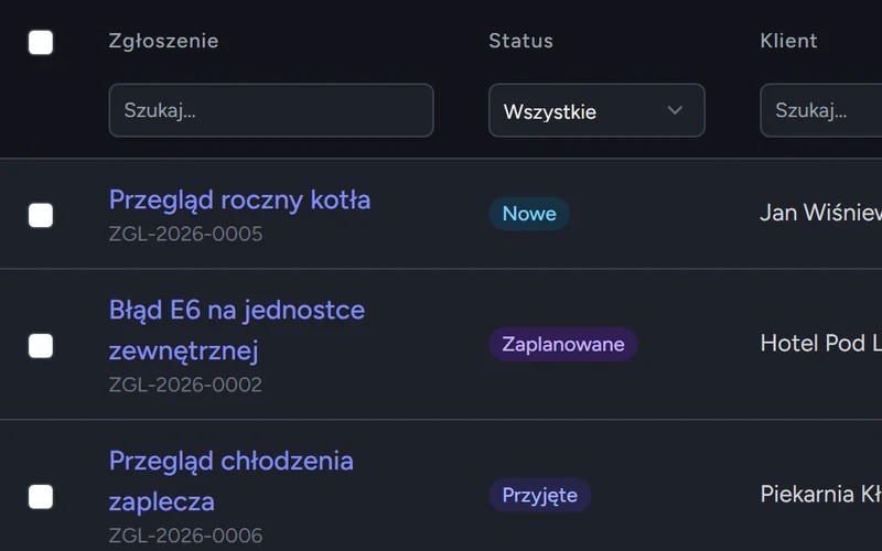 Lista zgłoszeń serwisowych ze statusami Nowe, Zaplanowane, Przyjęte