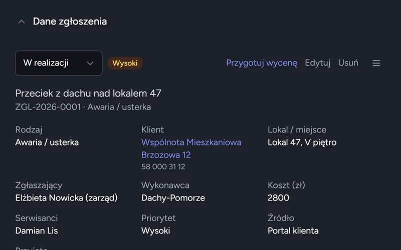 Karta zgłoszenia awarii: lokal, zgłaszający, wykonawca, koszt, priorytet