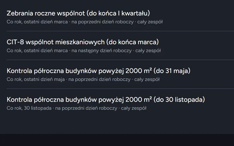 Terminy cykliczne: zebrania roczne wspólnot, CIT-8, kontrole półroczne dużych budynków