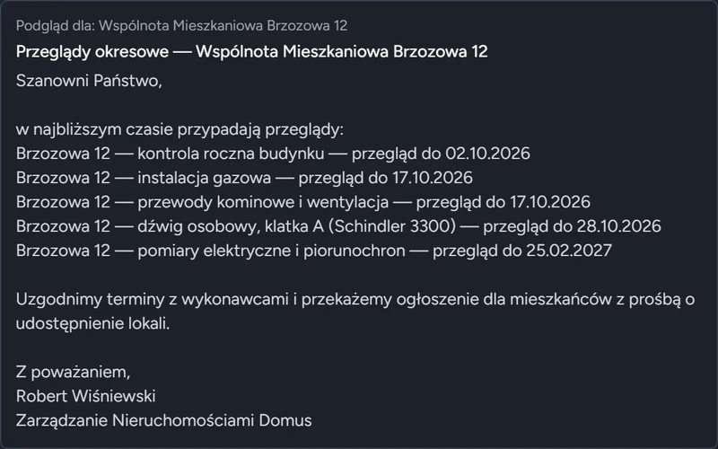 Podgląd wiadomości z listą przeglądów budynku wstawioną automatycznie