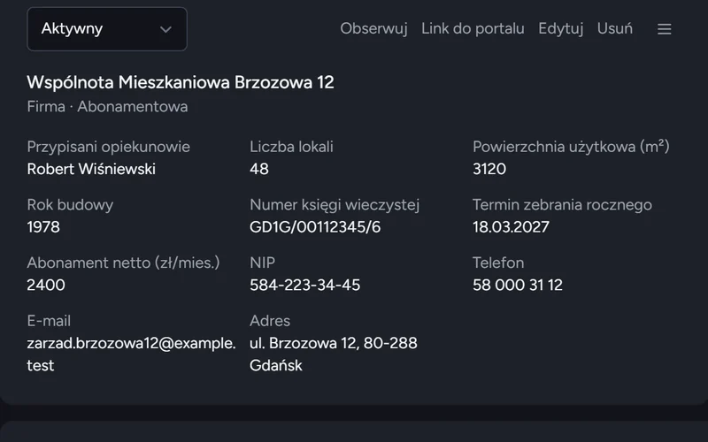 Karta wspólnoty mieszkaniowej: liczba lokali, powierzchnia, rok budowy, księga wieczysta, termin zebrania
